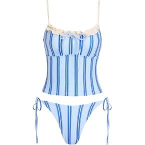 ZAFUL Tankini Swimsuits for Women Tie Front Tummy Control Spliced Ruffles Bikini Sets Two Piece Bathing Suits