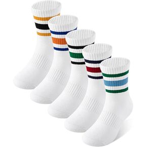 HONGTEYA Kids Socks For Girls Boys Youth Cotton Crew Athletic Seamless Retro Striped Socks School Uniform 4-10 Years 5 Packs