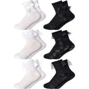 6 Pairs Big Girls Lace Socks Ruffle Pageant Frilly Cute Ruffle Comfortable Frilly Dress Princess Ankle Socks