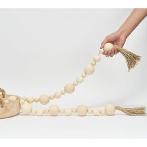 2" Extra Large Wood Bead Garland with Tassels, 44" Long Rustic Farmhouse Wooden Beads Garland, Decorative Beads Boho Decorations for Home Table Mantle Natural Beige