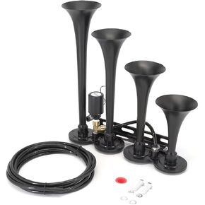 Truck Air Horn 12V/24V 185dB Super Loud Four Trumpet Air Horns Train Horn for Truck with Electric Solenoid Universal for Truck Car Pickup SUV Train Boat