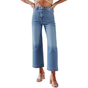 Tankaneo Womens Loose Wide Leg Jeans High Waisted Flare Trendy Boyfriends Cotton Denim Pants with Front Patch Pockets