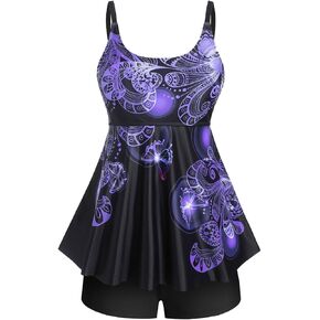Rosegal Womens Plus Size Curve Butterfly Padded Boyleg Modest Tankini Swimsuit