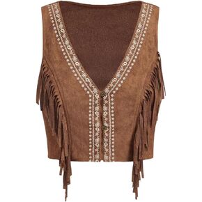 SweatyRocks Women's Fringe Sleeveless Vest Floral Embroidered 70s Hippie Crop Jacket Cardigan