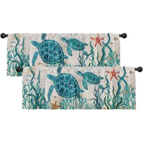 Emvency 2 Pack Valances Window Treatments, Summer Ocean Turtle Sea Vintage Blue Blackout Drapes Adjustable Curtain for Windows Living Room Kitchen Over Sink, 18x52 Inch Rod Pocket Valances
