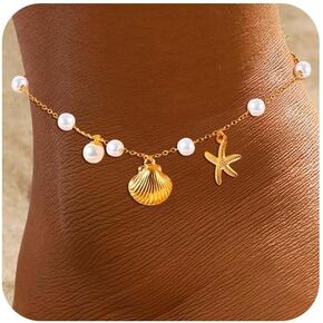Gold Anklets Ankle Bracelets for Women Waterproof 18K Gold Plated Beads Link Bow Shell Starfish Pearl Butterfly Pendant Women Beach Jewelry Gift Adjustable Size in Saudi Arabia