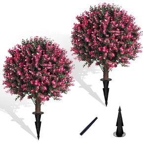 Artificial Rose Pink Boxwood Topiary Ball Bush 24" for Outdoor with Spike, Set of 2 UV Resistant Faux Boxwood Ball Tree with Stake Weatherproof Fake Round Topiary Shrub Plant for Front Porch