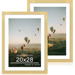 24x36 Poster Frame Set of 2, 24 x 36 Wood Picture Frames with Mat for 20x30, Wooden Photo Frame with Tempered Glass Cover for Wall Mounting Display, Black