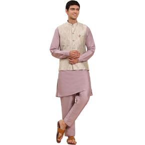 Mens Indian Traditional Cotton Kurta Set With Jacquard Silk Jacket (Waistcoat) For Men (C-117)