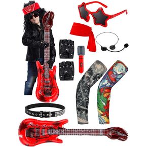 11 Pcs Rock Costume Set 80s Rocker Wig Costume Set Punk Accessories Sunglasses Sleeves Long Curly Rocker Wig Halloween Cosplay Party