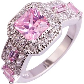 Narica Silver Plated 7x7mm Princess Cut Created Pink Topaz CZ Cubic Zirconia Filled Halo Wedding Engagement Promise Eternity Band Elegant Women's Ring for Mom Bridal Lover 9#