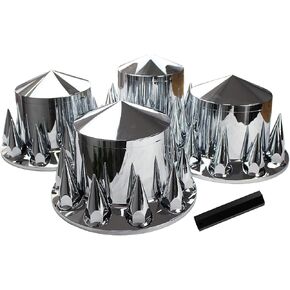 ABS Chrome Plastic Rear Axle Cover Kits with 33mm Thread-on Nut Covers for Semi Trucks Pack of 4 (Spiked)