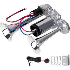 Silver Truck Air Horn,12V Train Horn for Car with Compressor,150dB Super Loud Horns,Chrome Plated Waterproof Integrated Double Trumpet with Relay Wiring Harness