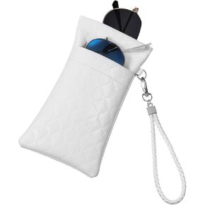Double Glasses Cases, Soft Eyeglass Case Squeeze Top Sunglass Pouch with Wrist Strap PU Leather Pouches for Men Women, White