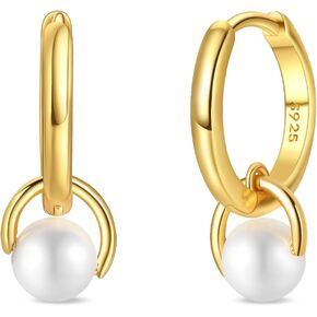 14K Gold Plated Women's Hoop Earrings – Trendy Pearl Dangling Earrings with Minimalist Dangle Design, Lightweight Hypoallergenic S925 Sterling Silver Jewelry for Christmas Gifts, Everyday Earrings