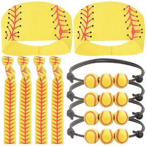 10pcs Sports Baseball Softball Hairbands Set, Yellow Breathable Elastic Yoga Sweatband Softball Headband Ball Print Head Wrap Softball Bandanas Hair Accessories and Adjustable Ball Bracelets