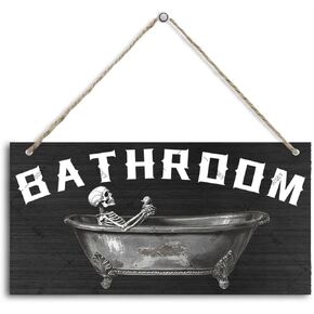 DZQUY Bathroom Wood Sign Bathing Skeleton Hanging Sign Skull Bathroom Wooden Decorations Wall Art Plaque Vintage Funny Wall Decor for Restroom Toilet Room Gifts 12x6 Inches