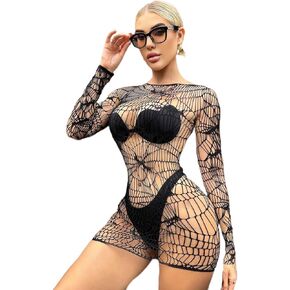 CanB Halloween Fishnet Lingerie Spider Mesh Bodystocking Sexy Rave Party Mesh Dress Cosplay Fishnet Bodysuit for Women