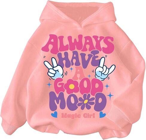 Girl's Letter Graphic Hoodie Long Sleeve Hooded Neck Drop Shoulder Loose Sweatshirts Fall Tops in Saudi Arabia