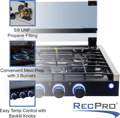 RecPro RV Built In Gas Cooktop | 3 Burners | RV Cooktop Stove | 6,500 and 8,000 BTU Burners | Cover Included in Kuwait