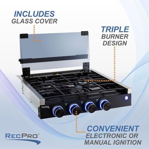 RecPro RV Built In Gas Cooktop | 3 Burners | RV Cooktop Stove | 6,500 and 8,000 BTU Burners | Cover Included in Kuwait