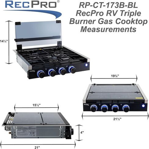 RecPro RV Built In Gas Cooktop | 3 Burners | RV Cooktop Stove | 6,500 and 8,000 BTU Burners | Cover Included in Kuwait