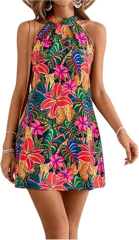 Floerns Women's Sleeveless Floral Print Sundress Halter Neck A Line Short Dress in Saudi Arabia