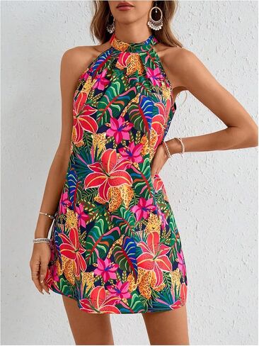 Floerns Women's Sleeveless Floral Print Sundress Halter Neck A Line Short Dress in Saudi Arabia