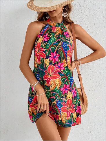 Floerns Women's Sleeveless Floral Print Sundress Halter Neck A Line Short Dress in Saudi Arabia