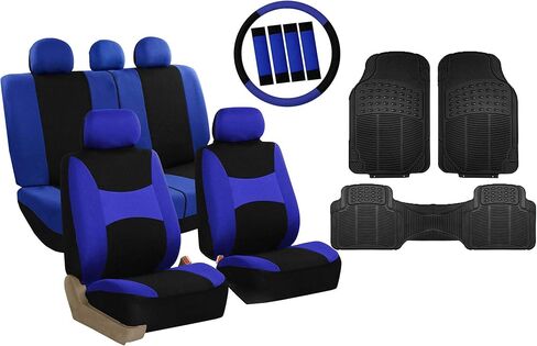 FH Group Light & Breezy Cloth Full Set Car Seat Covers (Black) Combo Set: Steering Wheel Cover, Seat Belt Pads and Black Vinyl Floor Mats – Universal Fit for Cars Trucks & SUVs in Kuwait