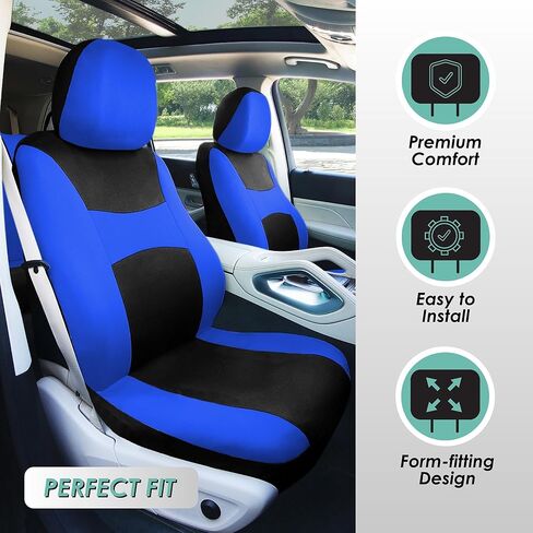 FH Group Light & Breezy Cloth Full Set Car Seat Covers (Black) Combo Set: Steering Wheel Cover, Seat Belt Pads and Black Vinyl Floor Mats – Universal Fit for Cars Trucks & SUVs in Kuwait