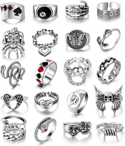 35 Pcs Vintage Silver Knuckle Rings Set for Women Men, 17IF Chunky Rings Aesthetic Snake Grunge Stackable Gothic Ring Adjustable Y2K Punk Bulky Boho Finger Alt of Rings, Stacking Fairy Skull Frog Heart Star Flower Midi Ring Pack in Saudi Arabia