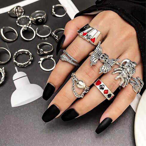 35 Pcs Vintage Silver Knuckle Rings Set for Women Men, 17IF Chunky Rings Aesthetic Snake Grunge Stackable Gothic Ring Adjustable Y2K Punk Bulky Boho Finger Alt of Rings, Stacking Fairy Skull Frog Heart Star Flower Midi Ring Pack in Saudi Arabia