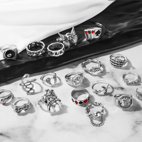 35 Pcs Vintage Silver Knuckle Rings Set for Women Men, 17IF Chunky Rings Aesthetic Snake Grunge Stackable Gothic Ring Adjustable Y2K Punk Bulky Boho Finger Alt of Rings, Stacking Fairy Skull Frog Heart Star Flower Midi Ring Pack in Saudi Arabia
