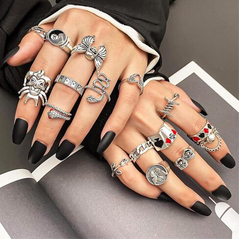 35 Pcs Vintage Silver Knuckle Rings Set for Women Men, 17IF Chunky Rings Aesthetic Snake Grunge Stackable Gothic Ring Adjustable Y2K Punk Bulky Boho Finger Alt of Rings, Stacking Fairy Skull Frog Heart Star Flower Midi Ring Pack in Saudi Arabia