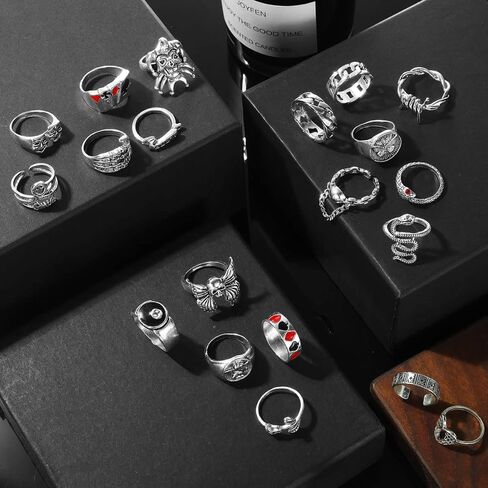 35 Pcs Vintage Silver Knuckle Rings Set for Women Men, 17IF Chunky Rings Aesthetic Snake Grunge Stackable Gothic Ring Adjustable Y2K Punk Bulky Boho Finger Alt of Rings, Stacking Fairy Skull Frog Heart Star Flower Midi Ring Pack in Saudi Arabia