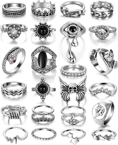 35 Pcs Vintage Silver Knuckle Rings Set for Women Men, 17IF Chunky Rings Aesthetic Snake Grunge Stackable Gothic Ring Adjustable Y2K Punk Bulky Boho Finger Alt of Rings, Stacking Fairy Skull Frog Heart Star Flower Midi Ring Pack in Saudi Arabia