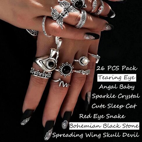 35 Pcs Vintage Silver Knuckle Rings Set for Women Men, 17IF Chunky Rings Aesthetic Snake Grunge Stackable Gothic Ring Adjustable Y2K Punk Bulky Boho Finger Alt of Rings, Stacking Fairy Skull Frog Heart Star Flower Midi Ring Pack in Saudi Arabia