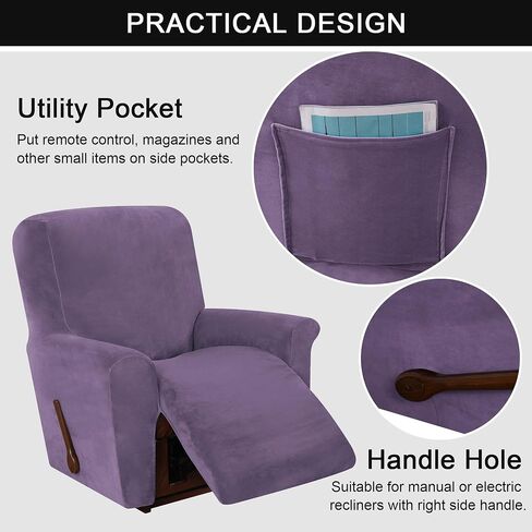 Stretch Recliner Chair Covers, 1-Piece Soft Velvet Recliner Slipcovers Single Seat Couch Cover Furniture Protector with Pocket (Gray purple) in Saudi Arabia