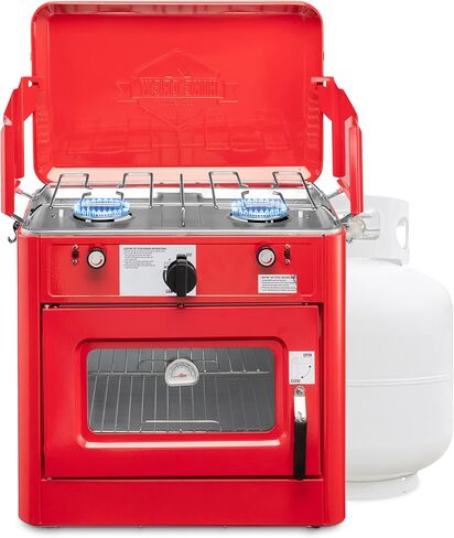 Hike Crew Outdoor Gas Camping Oven w/Carry Bag | 2-in-1 Portable Propane-Powered Stovetop & Oven w/ 2-Burner Cooktop Range, Auto Ignition, Overheat Safety Shutoff, Built-In Thermometer, Hose Regulator in Saudi Arabia