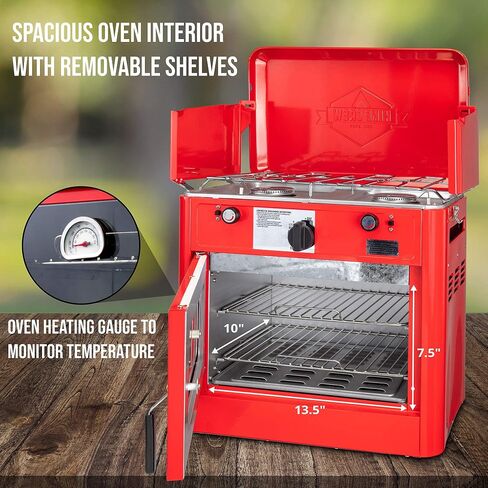 Hike Crew Outdoor Gas Camping Oven w/Carry Bag | 2-in-1 Portable Propane-Powered Stovetop & Oven w/ 2-Burner Cooktop Range, Auto Ignition, Overheat Safety Shutoff, Built-In Thermometer, Hose Regulator in Saudi Arabia