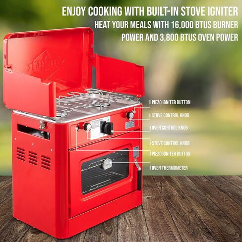 Hike Crew Outdoor Gas Camping Oven w/Carry Bag | 2-in-1 Portable Propane-Powered Stovetop & Oven w/ 2-Burner Cooktop Range, Auto Ignition, Overheat Safety Shutoff, Built-In Thermometer, Hose Regulator in Saudi Arabia