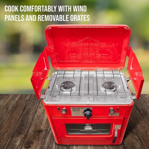 Hike Crew Outdoor Gas Camping Oven w/Carry Bag | 2-in-1 Portable Propane-Powered Stovetop & Oven w/ 2-Burner Cooktop Range, Auto Ignition, Overheat Safety Shutoff, Built-In Thermometer, Hose Regulator in Saudi Arabia