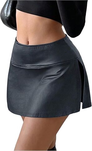 SOLY HUX Women's PU Leather High Waisted Skorts Shorts Side Slit Flared Mini Skirt with Built in Shorts in Saudi Arabia