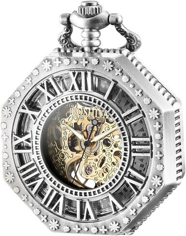 Steampunk Vintage Luminous Roman Letters Skeleton Mechanical Pocket Watch with Chain (Carved Black) in Kuwait