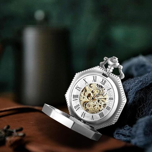 Steampunk Vintage Luminous Roman Letters Skeleton Mechanical Pocket Watch with Chain (Carved Black) in Kuwait
