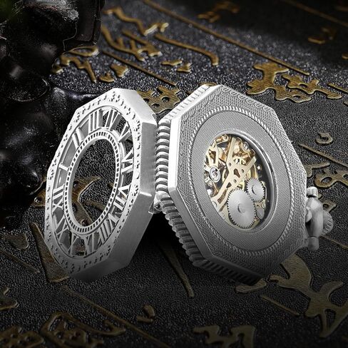 Steampunk Vintage Luminous Roman Letters Skeleton Mechanical Pocket Watch with Chain (Carved Black) in Kuwait