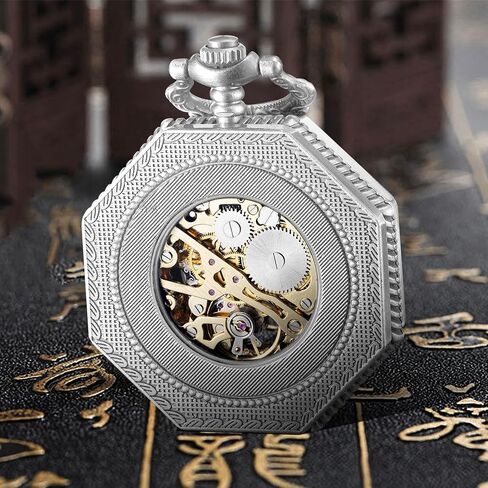 Steampunk Vintage Luminous Roman Letters Skeleton Mechanical Pocket Watch with Chain (Carved Black) in Kuwait