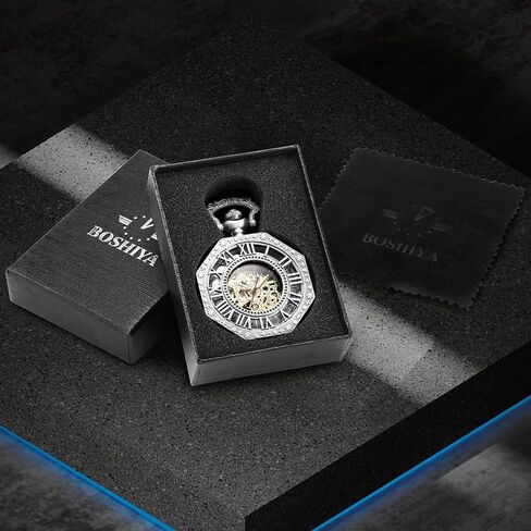 Steampunk Vintage Luminous Roman Letters Skeleton Mechanical Pocket Watch with Chain (Carved Black) in Kuwait