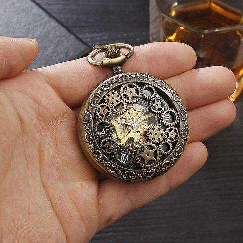 Steampunk Vintage Luminous Roman Letters Skeleton Mechanical Pocket Watch with Chain (Carved Black) in Kuwait